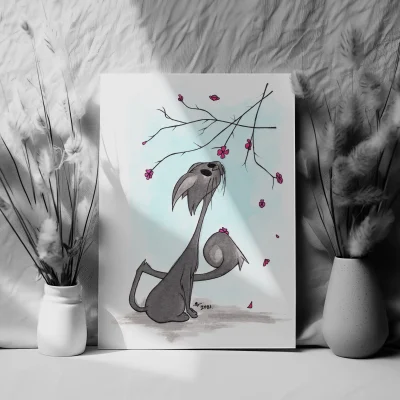 preview of an Illustration print Sir Cat a black cat looking at the cherry blossom tree traditional drawing