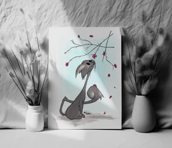 preview of an Illustration print Sir Cat a black cat looking at the cherry blossom tree traditional drawing