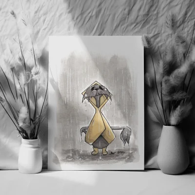 preview of an Illustration print Sir Cat a black cat standing in the rain in the yellow coat traditional drawing