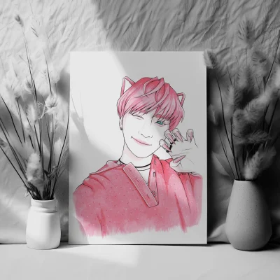 preview of an illustration print for ATEEZ Seonghwa - Pink cat with ears and claws traditional drawing art sale