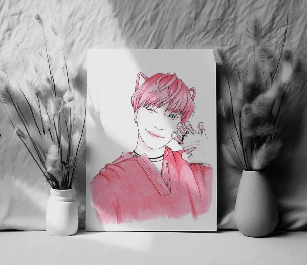 preview of an illustration print for ATEEZ Seonghwa - Pink cat with ears and claws traditional drawing art sale