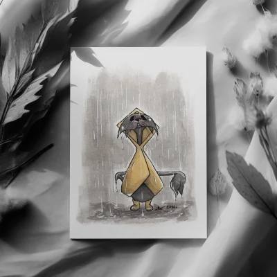 preview of an Illustration postcard Sir Cat a black cat standing in the rain in the yellow coat traditional drawing