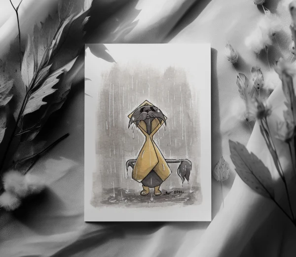 preview of an Illustration postcard Sir Cat a black cat standing in the rain in the yellow coat traditional drawing