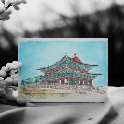 preview of a postcard pf a Gyeongbokgung Palace in Seoul done in watercolor traditional drawing