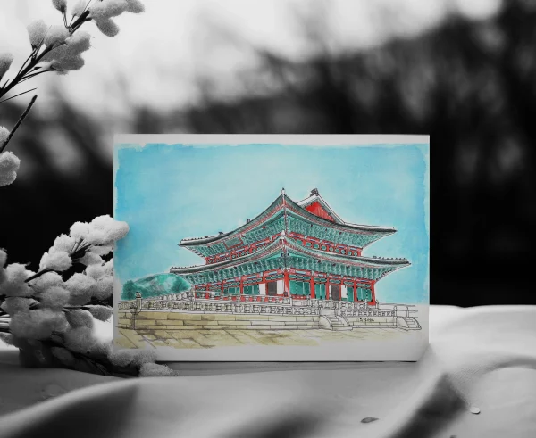 preview of a postcard pf a Gyeongbokgung Palace in Seoul done in watercolor traditional drawing