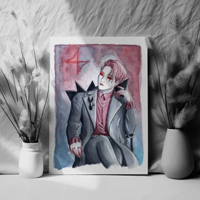 preview of an illustration print for Ateez - Seonghwa as vampire with bloody hands and sitting in a chair traditional drawing art sale