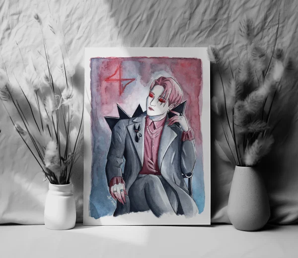 preview of an illustration print for Ateez - Seonghwa as vampire with bloody hands and sitting in a chair traditional drawing art sale