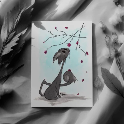 preview of an Illustration print Sir Cat a black cat looking at the cherry blossom tree traditional drawing