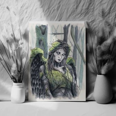 preview of an illustration print for Fallen Angel overgrown stone monument of female figure in the forest traditional drawing art for sale