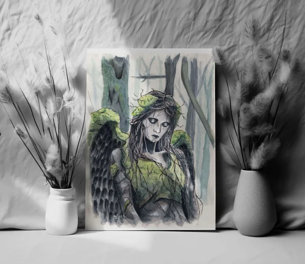 preview of an illustration print for Fallen Angel overgrown stone monument of female figure in the forest traditional drawing art for sale