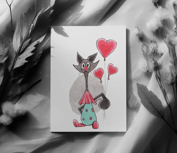 Postcard preview of a print of a Sir Cat the Clown a black cat dressed up as a clown with heart balloons, red nose and polka dots suite
