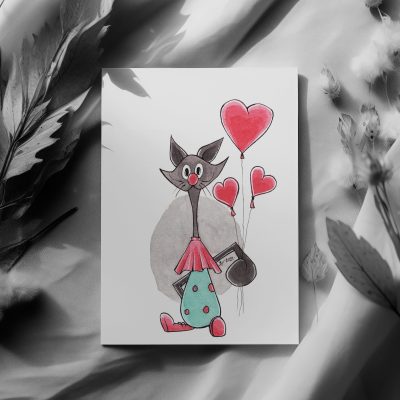 Postcard preview of a print of a Sir Cat the Clown a black cat dressed up as a clown with heart balloons, red nose and polka dots suite