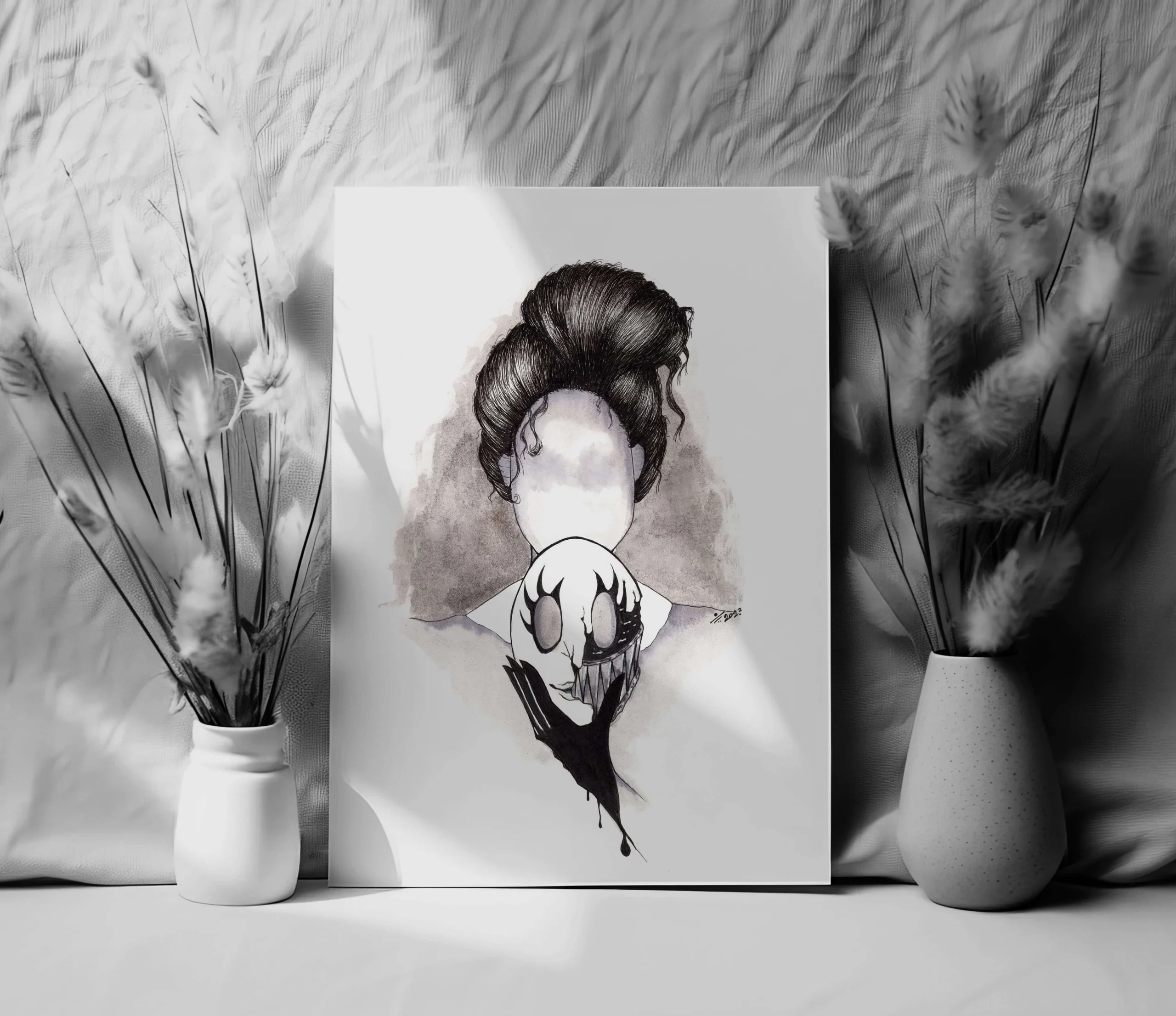 Preview of an print for illustration of a girl without a face holding a spooky creepy mask with ink flowing down her hand in traditional style using ink and watercolour with dark art elements