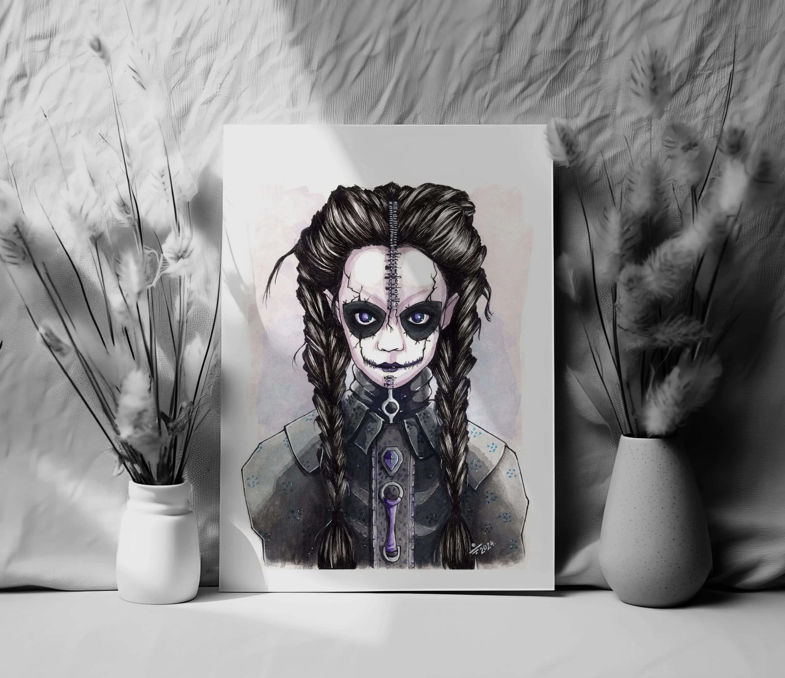 preview of a print for an illustration of Wednesday Addams portrait in watercolour and ink with cartoonish style drawing with black makeup and purple shirt and black dress dark and gothic art