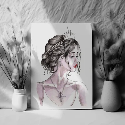 Print preview of a traditional illustration of Lux character from League of legends game, female portrait, semi realistic style, black and white illustration in watercolour, with the crown of light