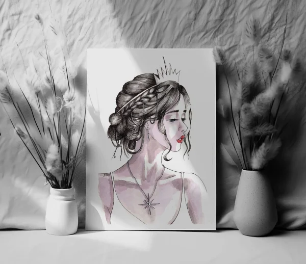 Print preview of a traditional illustration of Lux character from League of legends game, female portrait, semi realistic style, black and white illustration in watercolour, with the crown of light