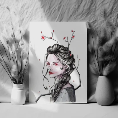 Preview of an illustration print of a pretty girl with cherry blossom tree sakura in the background, traditional illustration, art sale, black and white ink with pink details
