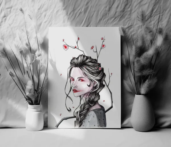 Preview of an illustration print of a pretty girl with cherry blossom tree sakura in the background, traditional illustration, art sale, black and white ink with pink details