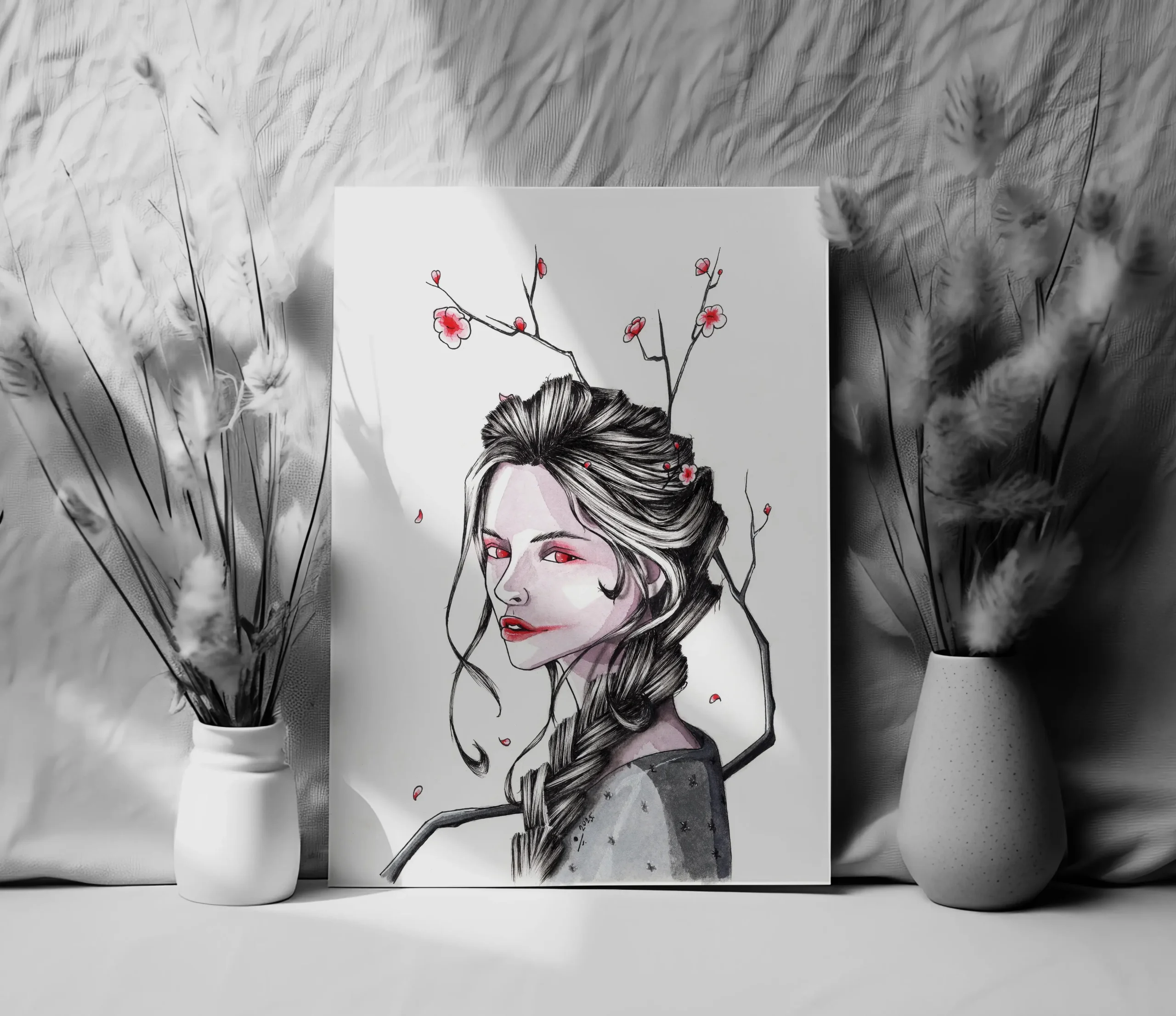 Preview of an illustration print of a pretty girl with cherry blossom tree sakura in the background, traditional illustration, art sale, black and white ink with pink details