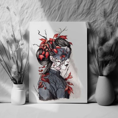 beautiful art print of a woman representing autumn with a mask, leafs, and branches in her hair, done in watercolor and ink, perfect for spooky season and halloween holidays