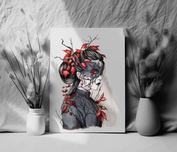 beautiful art print of a woman representing autumn with a mask, leafs, and branches in her hair, done in watercolor and ink, perfect for spooky season and halloween holidays