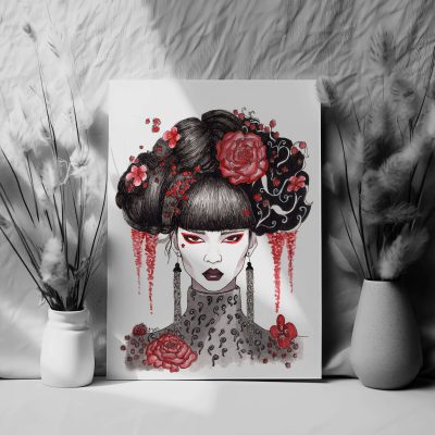 beautiful art print of an asian princess with red flowers in a black dress, perfect for home decor, wall art