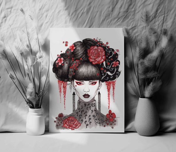 beautiful art print of an asian princess with red flowers in a black dress, perfect for home decor, wall art