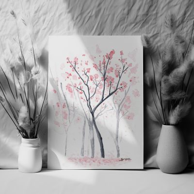 a beautiful art print of a cherry blossom sakura tree with falling red and pink petals, perfect for home decor to make your space cozy, done in watercolor