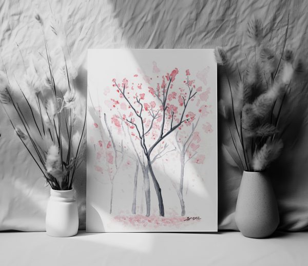 a beautiful art print of a cherry blossom sakura tree with falling red and pink petals, perfect for home decor to make your space cozy, done in watercolor