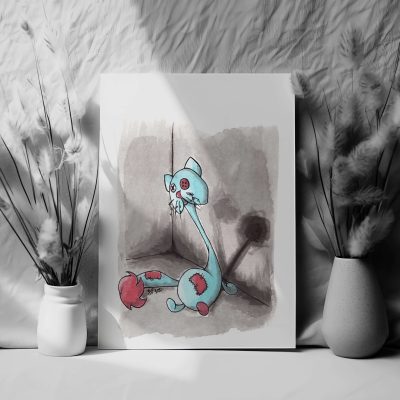 beautiful art print of a cat rag doll in spooky art, simple art style, made with watercolors and can be used for home decor for halloween