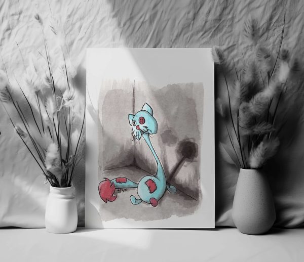 beautiful art print of a cat rag doll in spooky art, simple art style, made with watercolors and can be used for home decor for halloween