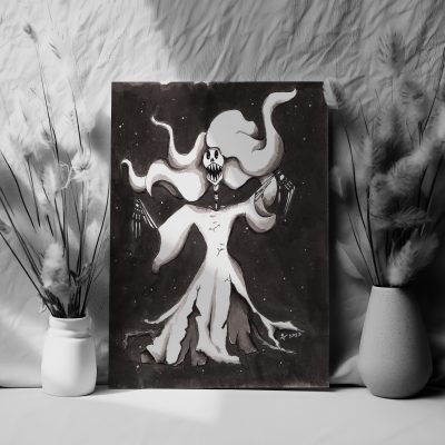 amazing art print of a ghost lady in a white dress with skeleton standing in the dark, done with ink, and perfect for halloween season decor