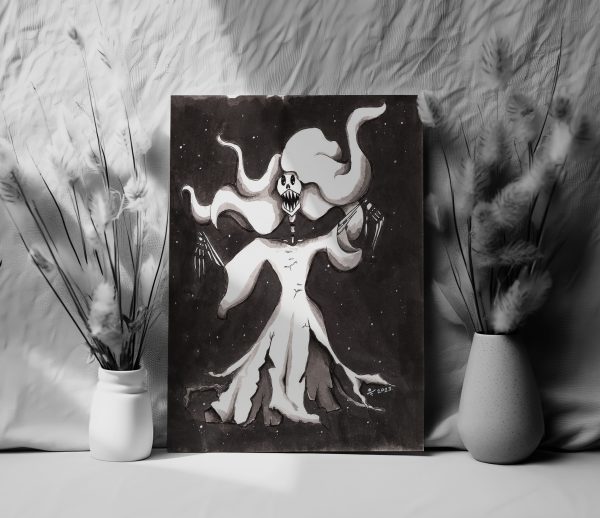 amazing art print of a ghost lady in a white dress with skeleton standing in the dark, done with ink, and perfect for halloween season decor