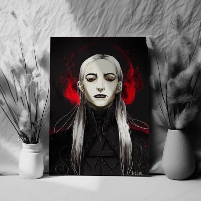 beautiful art print and poster of a prince vampire with long white hair and blood red moon in the background, done in manga/anime style with gothic, spooky and dark vibe