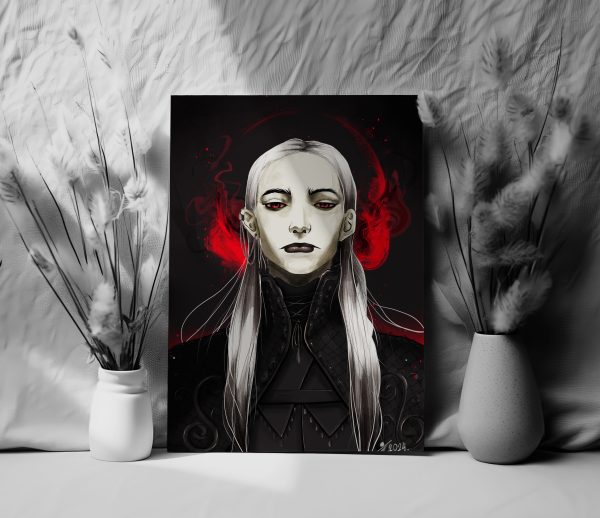 beautiful art print and poster of a prince vampire with long white hair and blood red moon in the background, done in manga/anime style with gothic, spooky and dark vibe